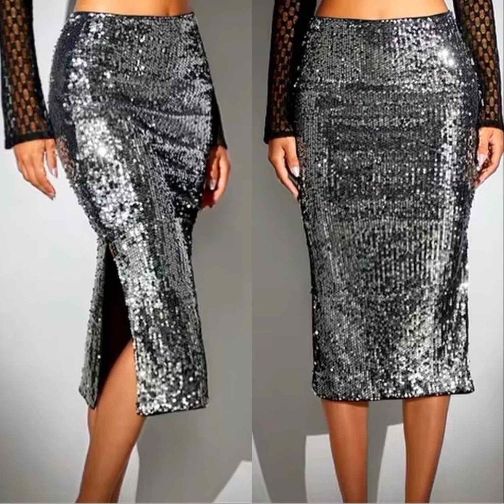 HIGH WAIST SEQUINS MIDI SKIRT